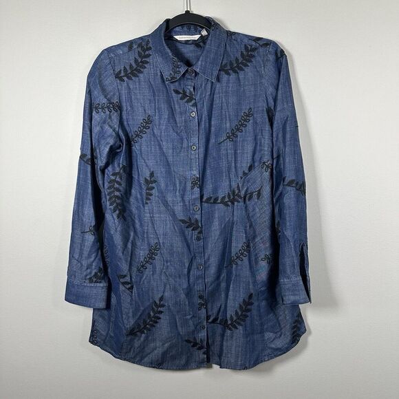 Soft Surroundings Small Chambray Black Embroidered‎ Button Up Long Sleeve Tunic - Picture 1 of 4